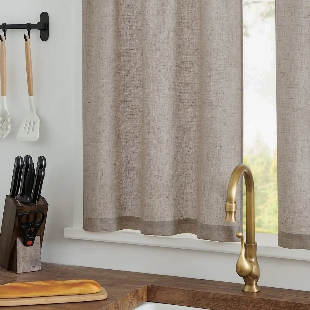 NEW Comfort Bay Window Textured Kitchen Curtains Valance 3 Piece Set Brown Linen